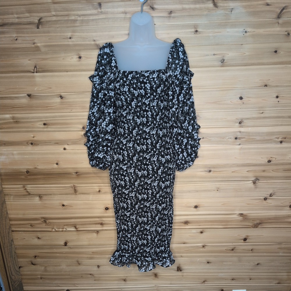 Petal + Pup Bonita Shirred Frill Long Sleeve Bodycon Midi Dress Black Floral S